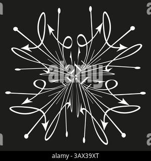 Abstract arrows explosion. Symmetric vector direction. White motion shape. Black background field. Stock Vector