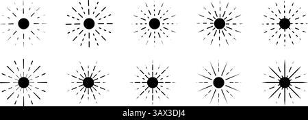 Sunburst icons. Set of sun rays symbols isolated on white background. Solar energy signs. Sunbeam, sunlight or sunshine pictograms. Decorative design elements. Vector graphic illustration. Stock Vector