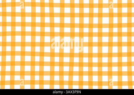 Checkered orange gingham or vichy pattern in doodle style. Picnic plaid, tablecloth or napkin texture in hand drawn technique. Crossed uneven lines. Minimalistic aesthetic print. Vector illustration. Stock Vector