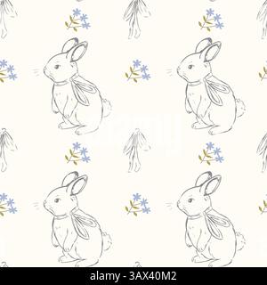Seamless pattern with hand drawn vintage bunnies and wildflowers in a soft pastel color palette Stock Vector