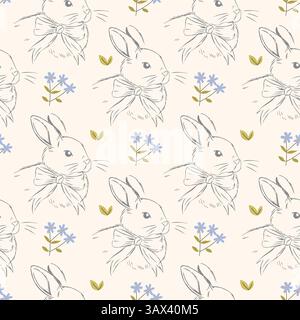 Seamless vintage pattern with hand drawn bunnies in bows and wildflowers on cream background Stock Vector