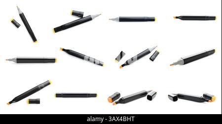 Bright double sided marker on white background, collage. Views from different sides Stock Photo