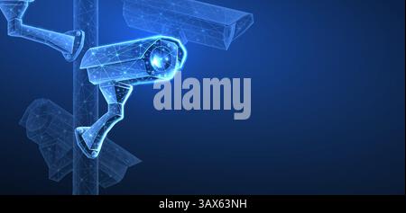 Security cameras. Vector low pole illustration. Isolated on blue. Security system Stock Vector