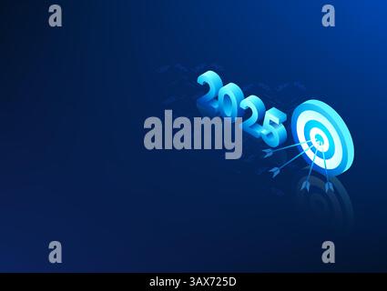 Businessman who sets a goal for 2025 with a dart pinned to the target, showing the business management to reach the profit target and expand the organ Stock Vector