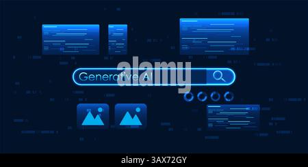 Generative AI technology with magnifying glasses reflects AI's ability to create content in various forms, whether it be text, images, audio or code. Stock Vector