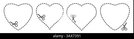 Hearts of various shapes. Scissors cut shape dash line sign. Cut here. Black scissors cutting. Flat vector illustration isolated on white background. Stock Vector