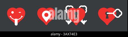 Teasing smiley, location, keyhole and keys. Set of icons with hearts. Flat vector illustration isolated on white background. Stock Vector