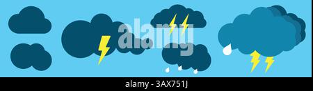 Thundercloud icon set. Flat vector illustration isolated on white background. Stock Vector