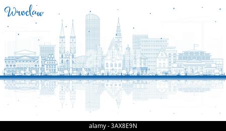 Outline Wroclaw Poland City Skyline with Blue Buildings and reflections. Vector Illustration. Wroclaw Cityscape with Landmarks. Stock Vector