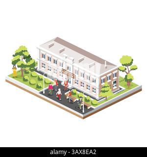 Isometric view of museum building. Vector illustration. Beautiful classical building with columns. Bushes in a row. Trees and benches. People walking Stock Vector