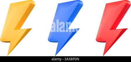 yellow, blue and red bolt lighting thunders. 3d lightning symbols isolated on white background. Vector illustration Stock Vector