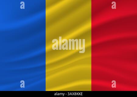 Realistic waving Romania national flag. Patriotic Romania flag symbol on wavy silk fabric Stock Vector