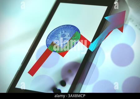 Bitcoin Cryptocurrency coins chart trending price up trend digital financial cash money market trending price concept arrow up. Stock Photo