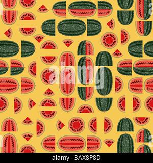 Seamless pattern with Black Beauty Watermelon.Fruit and vegetables. Flat style. Isolated vector illustration. Stock Vector