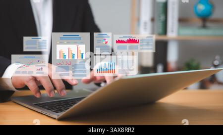 Businessman use laptop analyzing dashboard performance indicators business growth charts and economic growth, Business finance report and investment d Stock Photo