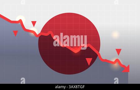 Japan flag trade war tariffs war economic decline red downward graph chart arrow financial crisis concept gray grid background Stock Vector