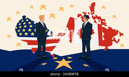 Trade war United States Canada tariffs conflict business negotiation two businessmen facing each other country flags map background stars flat design Stock Vector
