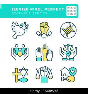 Basic human rights pixel perfect line color icons set Stock Vector