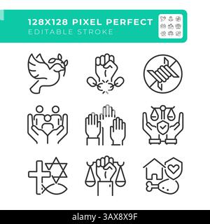 Basic human rights pixel perfect line icons set Stock Vector