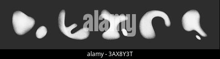 Abstract organic shapes with grainy texture in y2k style set - white ink blots, splatters blobs on black background. Grungy noisy stains grunge design elements. Irregular liquid forms splashes. Stock Vector