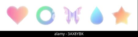 Pastel gradient noise shapes collection in y2k aesthetic - heart and circle, butterfly and star, teardrop colorful blurred symbol set with grainy texture edges. Minimalist graphic design elements. Stock Vector