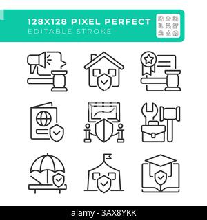 Human right protection pixel perfect line icons set pixel perfect Stock Vector