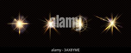 Yellow highlights on a dark background. Glowing stars effect. Set of golden sparkling blinks with circular reflection. Vector collection of bling sequ Stock Vector