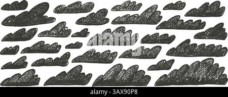 Charcoal silhouette clouds set. Naive hand drawn sky pack. Kids chalk textured elements. Pastel scribble cloudy weather speech bubbles. Vector pencil Stock Vector
