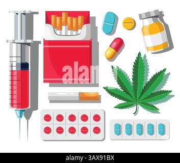 Drugs icons elements clipart set. Drug abuse harmful symbol like injection, medicine, pill, cannabis, wild plant and cigarettes clip art collection Stock Vector