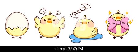 Cute chicken character in different poses - in cracked egg shell, angry crying, swimming in water puddle, with pink bow on chest as gift for holiday. Kawaii little yellow chick for Easter design. Stock Vector