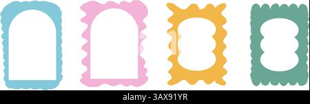 Scallop text boxes irregular frames hand drawn. Wavy groovy rectangle borders by crayon isolated on white background. Wobbly y2k decorative callouts e Stock Vector
