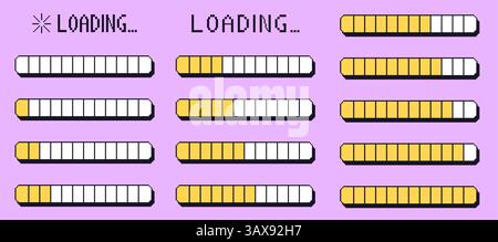 Pixel art loading bar interface. 8 bit game progress button elements set and text. Waiting signs in retro 80s style. Vector illustration life indicato Stock Vector