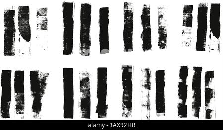 Straight thick grunge underlines. Linocut rolled brush stroke set. Handmade ink rectangle degraded stamps. Vector black paint lines shapes. Dry marker Stock Vector
