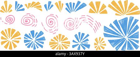 Firecrackers crayon set. Festive firework icons isolated on white background. Doodle silhouette comets collection. Splash and circle flash. Vector han Stock Vector