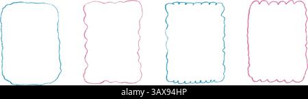 Scallop thin hand drawn frames set. Wavy rectangle borders by crayon isolated on white background. Wobbly y2k decorative simple callouts elements. Vec Stock Vector