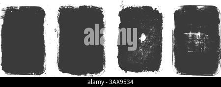Soiled paper ink grunge text boxes set. Callouts vertical rectangles frames. Linocut rolled paint black tag. Vector handmade brayer stamp smudged text Stock Vector