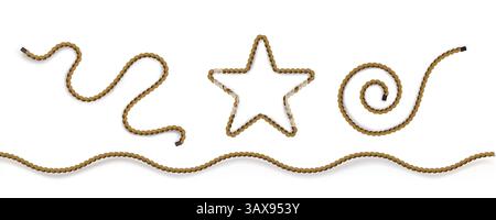 Rope string tie, brown wavy lines shapes on white background. Twisted cables coiled spiral forms, various curves and abstract decorative design with textile fibers texture. Threads pattern winding. Stock Vector