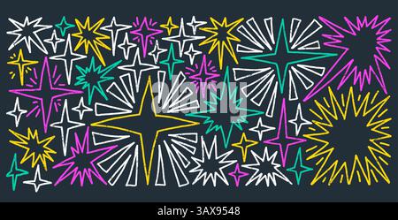 Hand drawn bright line sparkle stars set. Space shine crayon shapes and blings pack. Comets and blinking on night sky. Vector illustration by pencil o Stock Vector