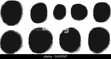 Handmade charcoal circle callout set. Polka dots aerosol spray shapes pack. Vector black hand drawn round note figures collection illustration isolate Stock Vector