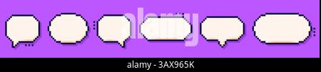 Six pixel speech bubbles drawn in 8 bit style on purple background. Stock Vector