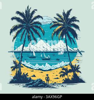 tropical island with trees t-shirt design Stock Vector