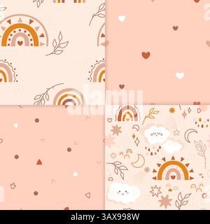 A set of four minimalistic children patterns.. The repeated images contains colored spots, rainbows, twigs, cute clouds with colored raindrops. Also stars, dots and lines of different shapes. Stock Vector