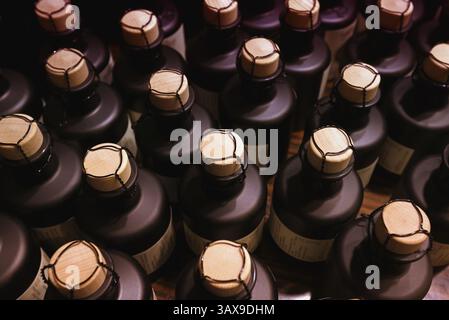 Small bottles, sealed with corks and wire Stock Photo