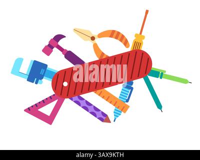 Multitools foldable multifunctional tools multitasking versatile set of pocket work equipment symbol Stock Vector