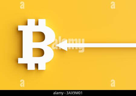White bitcoin symbol with pointing arrow moving towards right on yellow background representing cryptocurrency investment and future of finance. 3D re Stock Photo