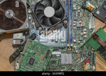 Motherboard, CPU, RAM, hard drive, graphics card and other hardware parts - IT, PC interior Stock Photo