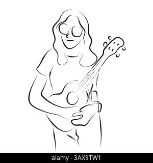 woman with eyeglasses playing acoustic guitar illustration vector hand drawn with black lines isolated on white background. Stock Vector