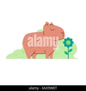 Capybara capibara sniff smell flower furry animal cute vector flat illustration sticker cartoon character Stock Vector