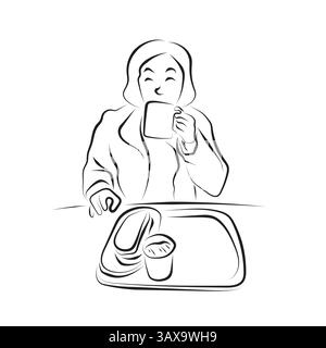 young woman drinking coffee and sandwich on table illustration vector hand drawn with black lines isolated on white background. Stock Vector