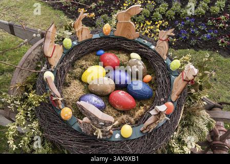 Easter nest with Easter bunny and Easter eggs for Easter - Easter symbol Stock Photo